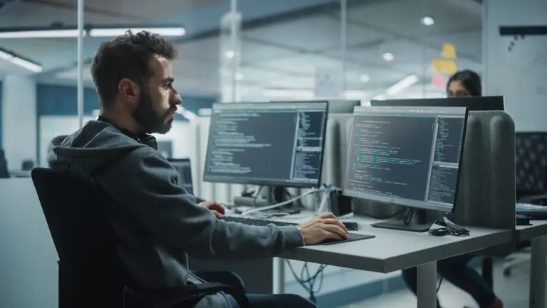 programmer working on dual monitors